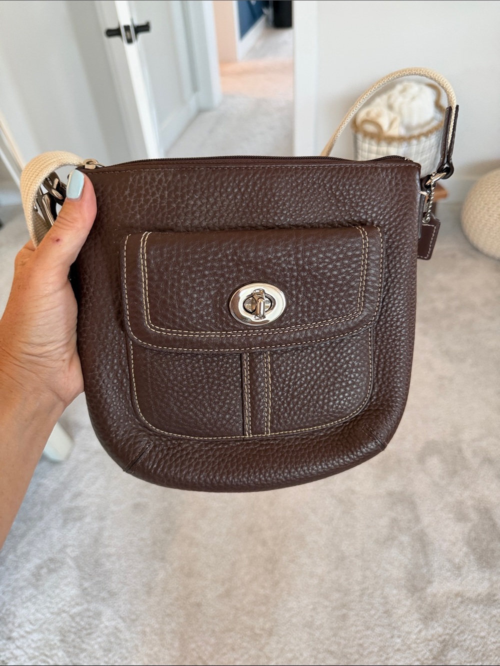 Coach Brown Pebbled Leather Crossbody with Contrast Strap